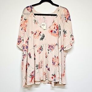 Lucky Brand floral crinkle blouse flutter sleeve empire waist baby doll vneck 3X